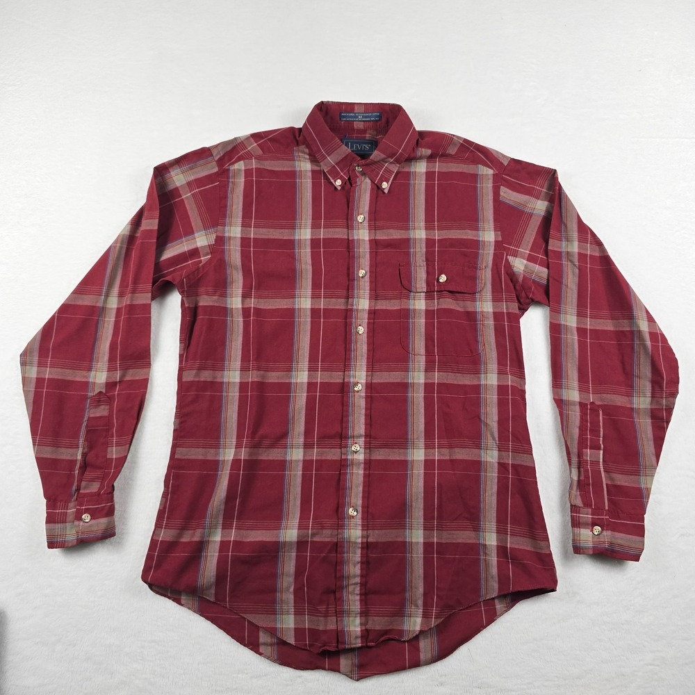Levis Mens Medium Burgundy Red Plaid Long Sleeve Button Down Shirt Vintage Korea